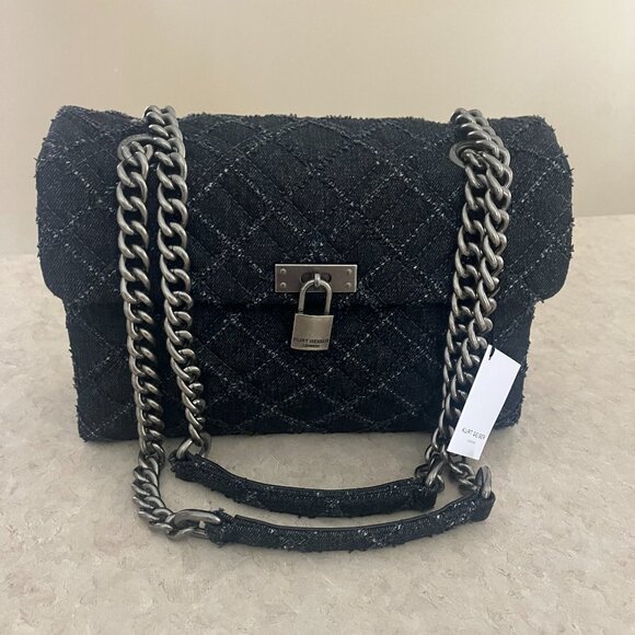 Kurt Geiger Brixton Lock Black Denim Tweed Bag & Card Case Set - Picture 2 of 9